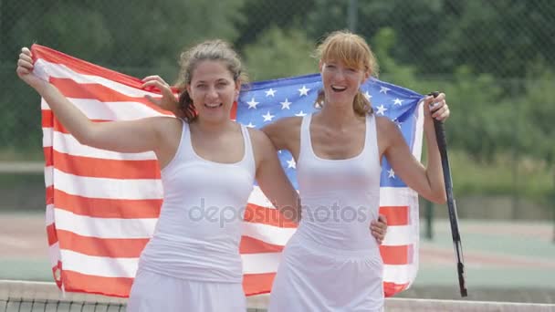 Portrait Smiling Female Tennis Players Usa Flag Outdoor Court — Stock Video