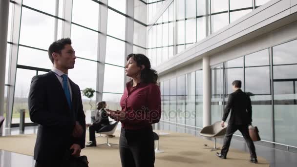 ビジネスの男性と女性の忙しい会議地区大規模な近代的なオフィスの話 — ストック動画