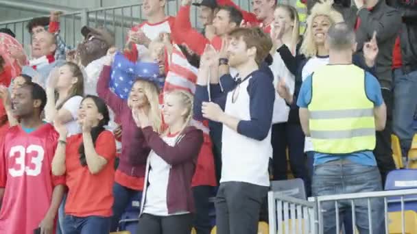 私たちはスポーツの観客 拍手と彼らのチームに応援の旗と の興奮したファン — ストック動画