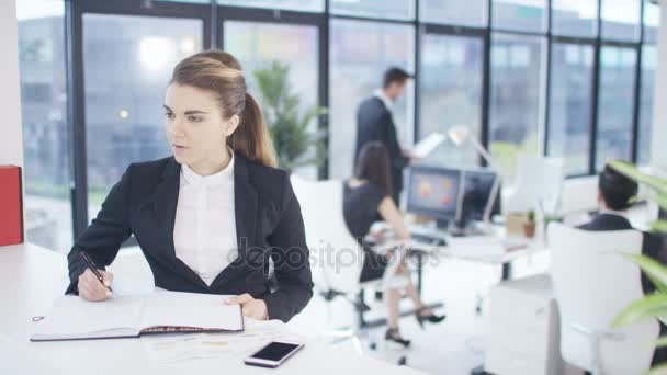 Retrato Sonriente Mujer Negocios Oficina Con Colegas Que Trabajan Segundo — Vídeos de Stock