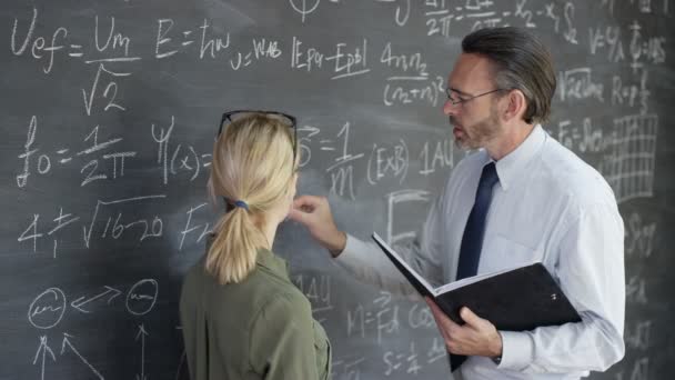 Portret Lachende Academische Man Vrouw Bestuderen Van Wiskundige Formules Blackboard — Stockvideo