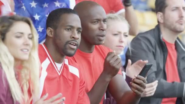 Spectators Assistindo Jogo Esportes Estádio Dois Homens Olhando Para Smartphone — Vídeo de Stock