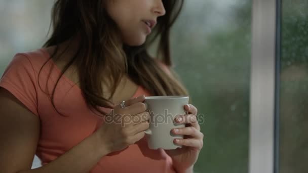 Schwangere Frau Hause Tastet Ihren Bauch Und Schaut Aus Dem — Stockvideo