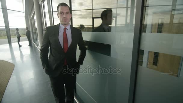 现代玻璃办公大楼微笑商人肖像 — 图库视频影像
