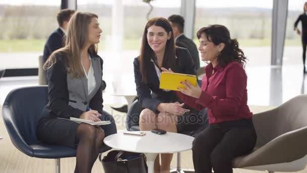 Female Business Team Discussion Busy Meeting Area Modern Office — Stock Video