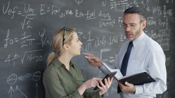 Portrait Smiling Academic Man Woman Studying Math Formulas Blackboard — Stock Video