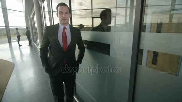 Portret Uśmiechający Się Biznesmen Budynku Biurowym Nowoczesne Szkło — Wideo stockowe