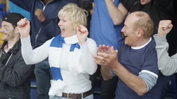 兴奋的成熟夫妇在运动人群中庆祝和欢呼他们的团队 — 图库视频影像