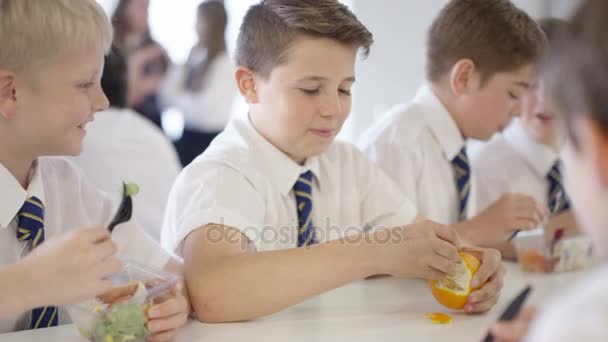 休息时间在学校咖啡馆里的小男孩们 吃健康的午餐和聊天 — 图库视频影像
