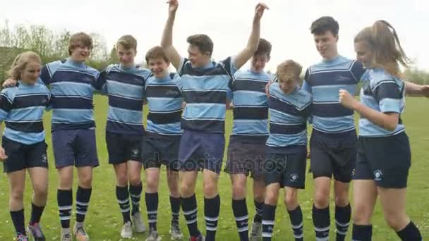 Portrait Smiling Teen Group Standing Together School Sports Field — Stock Video