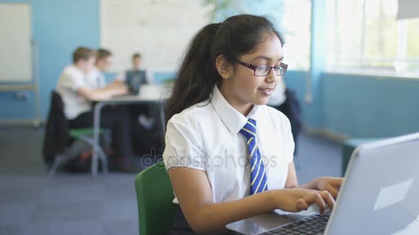 Portrait Smiling School Girl Working Laptop Classroom — Stok Video