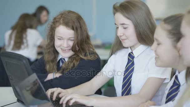 Niños Escuela Que Trabajan Computadoras Aula — Vídeo de stock