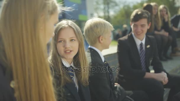 Felice Scuola Bambini Chiacchierando Insieme All Aperto Nel Cortile Della — Video Stock