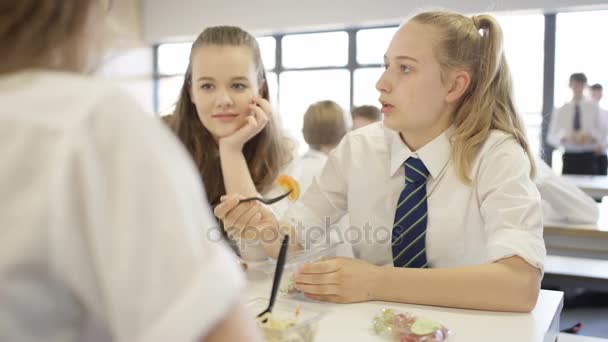 Діти Шкільній Кафетерії Під Час Перерви Їдять Здорові Обіди Балачки — стокове відео