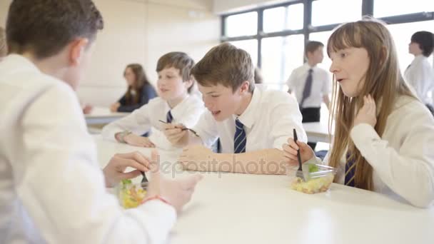 Діти Шкільній Кафетерії Під Час Перерви Їдять Здорові Обіди Балачки — стокове відео