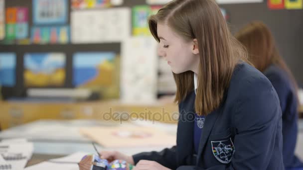 Menina Adolescente Trabalhando Silenciosamente Projeto Aula Arte Escolar — Vídeo de Stock