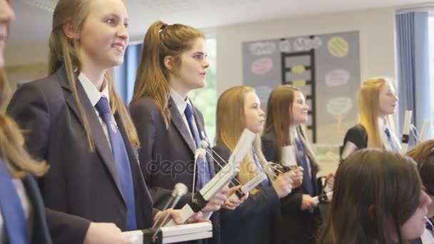 Grupo Meninas Adolescentes Tocando Instrumentos Percussão Aula Música Escolar — Vídeo de Stock