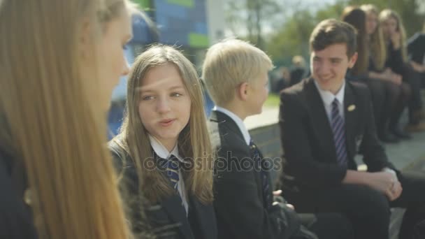 Szczęśliwy Szkoła Dzieci Sobą Rozmawiać Zewnątrz Szkoły Stoczni — Wideo stockowe