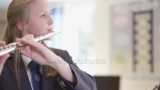 Portrait Gros Plan Une Adolescente Jouant Flûte Dans Une Leçon — Video