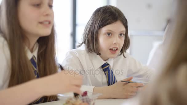 休息时间在学校咖啡馆里的年轻女孩 吃健康的午餐和聊天 — 图库视频影像