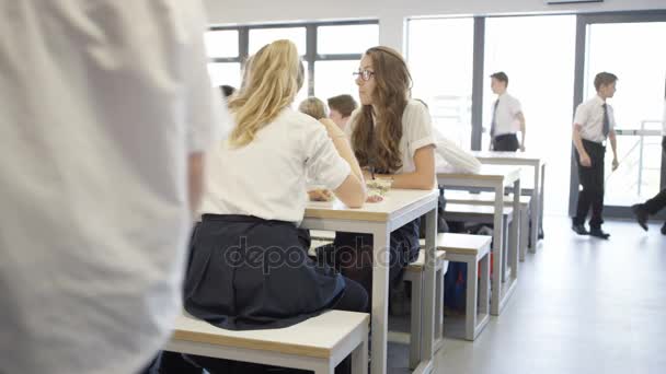 Kinderen Schoolcafetaria Tijdens Pauze Eten Van Gezonde Lunches Chatten — Stockvideo