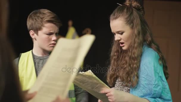 Young Student Actors Rehearsal School Theatre Production — Stock Video