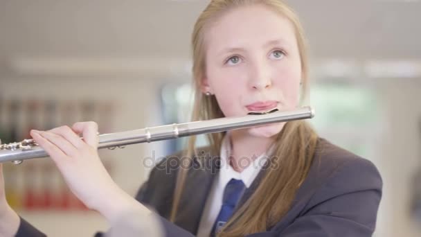 Nahaufnahme Porträt Eines Teenie Mädchens Das Flöte Musikunterricht Der Schule — Stockvideo