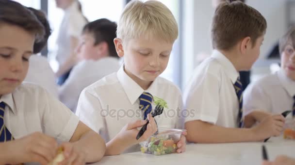 Молодые Мальчики Школьном Кафе Перерыве Едят Здоровые Обеды Болтать — стоковое видео