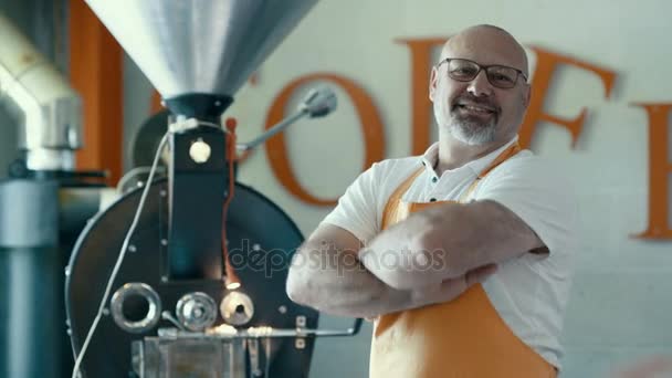 Portrait Smiling Cafe Business Owner Standing Coffee Roasting Machine — Stock Video