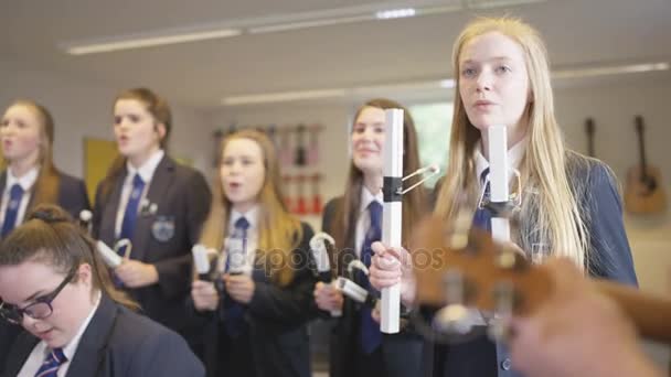 4Kグループのティーン女の子演奏パーカッション楽器で学校音楽レッスン — ストック動画