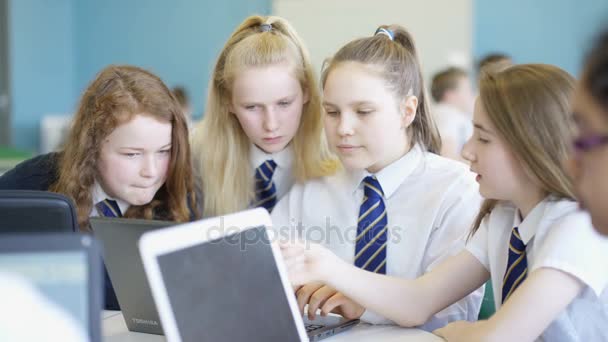 Grupo Jovens Estudantes Olhando Para Laptop Sala Aula Escola — Vídeo de Stock