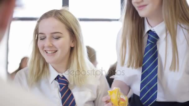 Crianças Cantina Escola Horário Intervalo Lanchando Frutas Conversando — Vídeo de Stock