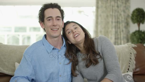 Cheerful Couple Making Video Call Computer Seen Screen Pov — Stock Video