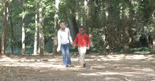 可爱的小男孩和女孩牵手和跳在树林里 — 图库视频影像
