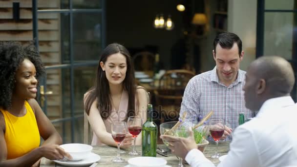 Amici Felici Che Godono Pranzo Bevande Giardino Una Giornata Estiva — Video Stock