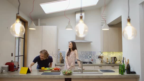 Happy Affectionate Couple Dancing While Preparing Meal Together Kitchen Home Stock Footage