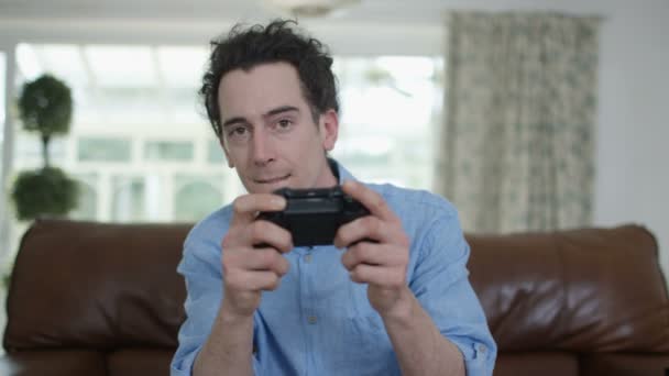 Competitive Man Playing Video Games Home Seen Screen Pov — Stock Video