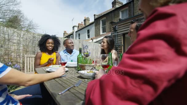 Amigos Felizes Desfrutando Almoço Bebidas Jardim Dia Verão Levantando Copos — Vídeo de Stock