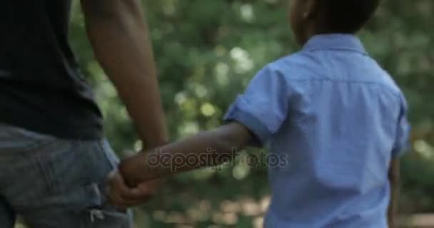 Carino Bambino Con Suo Padre Tenendosi Mano Passeggiando Nel Parco — Video Stock