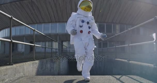 Funny Astronaut Doing Dance Walking Away Mission Control Building — Stock Video