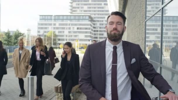 Bearded Businessman Bicycle Walking City — Stock Video
