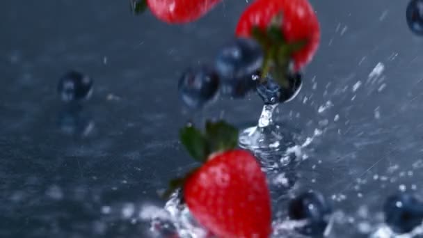 Movimiento Lento Bayas Frescas Que Caen Salpican Agua Dulce Limpia — Vídeo de stock