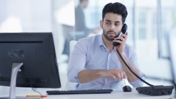 Cheerful Asian Businessman Making Phone Call His Desk Modern Office — Stock Video