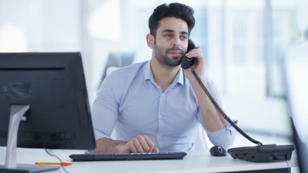 Portrait Smiling Asian Businessman Working His Desk Modern Office — Stock Video