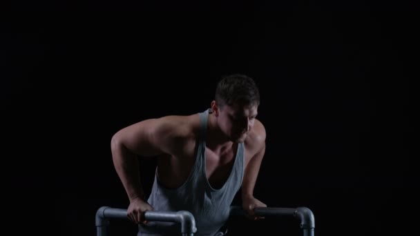 Muscular Man Working Out Gym Equipment Black Background — Stock Video