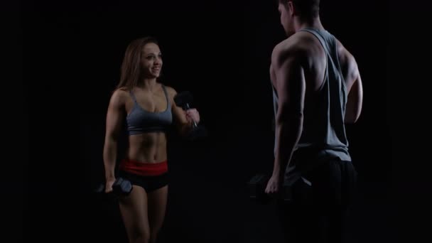 Fit Young Man Woman Working Out Weights Black Background — Stock Video