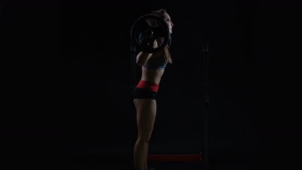 Fit Young Woman Weight Training Doing Squats Barbell — Stock Video