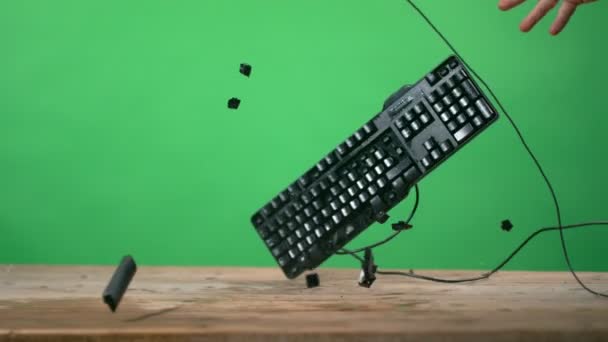 Keyboard Smashed Desk Shattering Shot Super Slow Motion — Stock Video