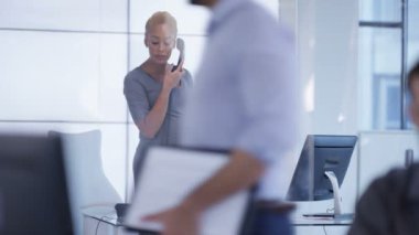 4k hamile işkadını modern ofis masasında, telefon görüşmesi