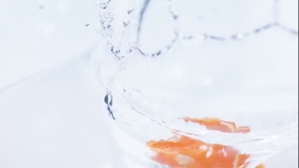 清らかな水の中に 新鮮なオレンジ スライス ドロップをスローモーションでクローズ アップ — ストック動画